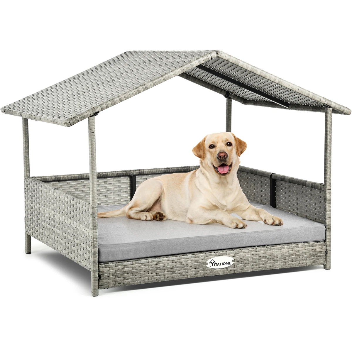 32.9in Outdoor Indoor Rattan Doghouse Raised Dog Bed Large Wicker