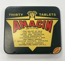 Vintage Anacin Metal Tin Box Container Analgesic Tablets 30 Tablets