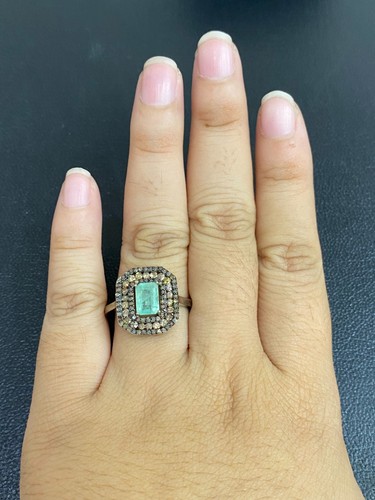 NATURAL EMERALD 7X5 NATURAL DIAMOND STERLING SILVER 925 RING EARRING - 第 11/13 張圖片