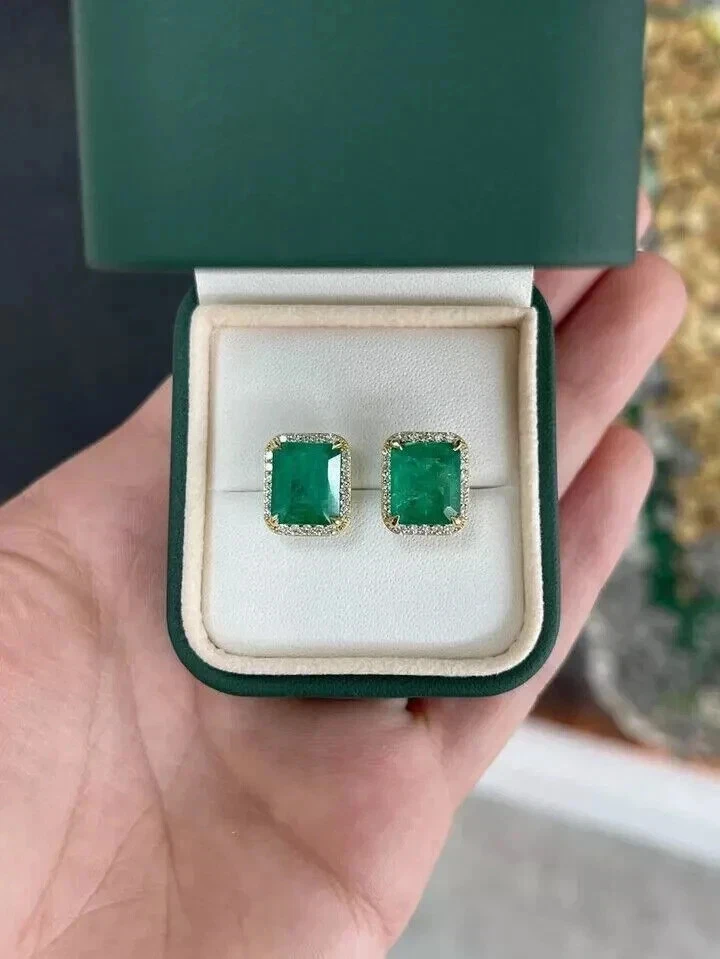 4.00 Ct Natural Green Emerald & Lab Grown Diamond Stud Earrings 10K Yellow Gold - Image 4 of 4