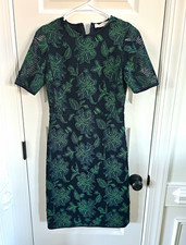 Tory Burch Black Green Floral Lace Embroidered Sheath Knee Dress Women’s 0