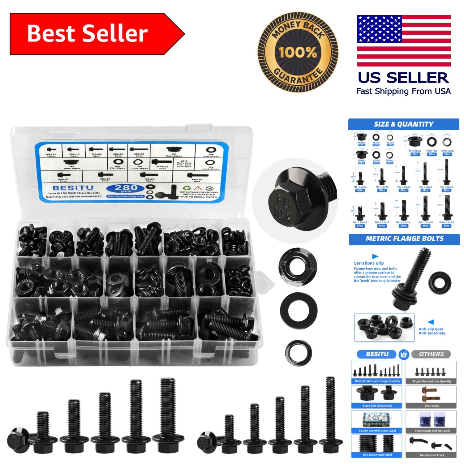 Comprehensive 280Pcs Flange Bolt Set M6-M10 - 10.9 Grade Alloy Steel Storage Kit