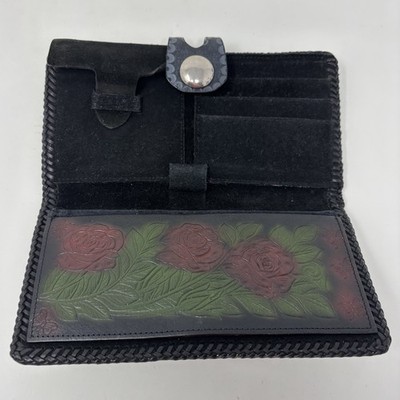 こめ Lucky Brand Leather Wallet BUTTERFLY Bird Flowers Navy Blue