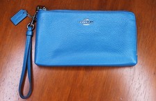 COACH Double Corner Zip Wristlet Clutch Pebbled Leather in Azure One Size