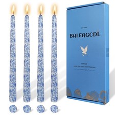 4 PCS Blue Floral Long Taper Candles 10 Inch Unscented Smokeless Print Decor