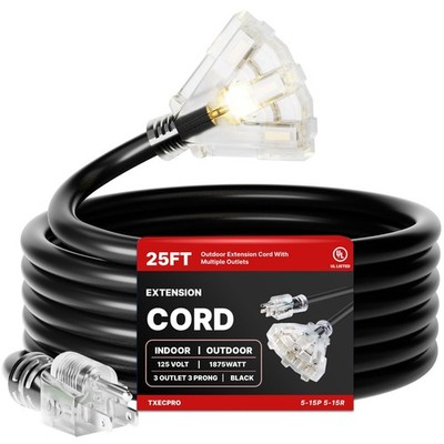 25 FT 12/3 Gauge Outdoor Extension Cord with Multiple Outlets Light Indicator...
