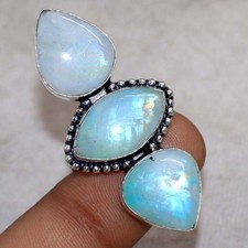 925 Silver Plated Long Rainbow Moonstone Ring US 9.5 New Arrival Trendy GW