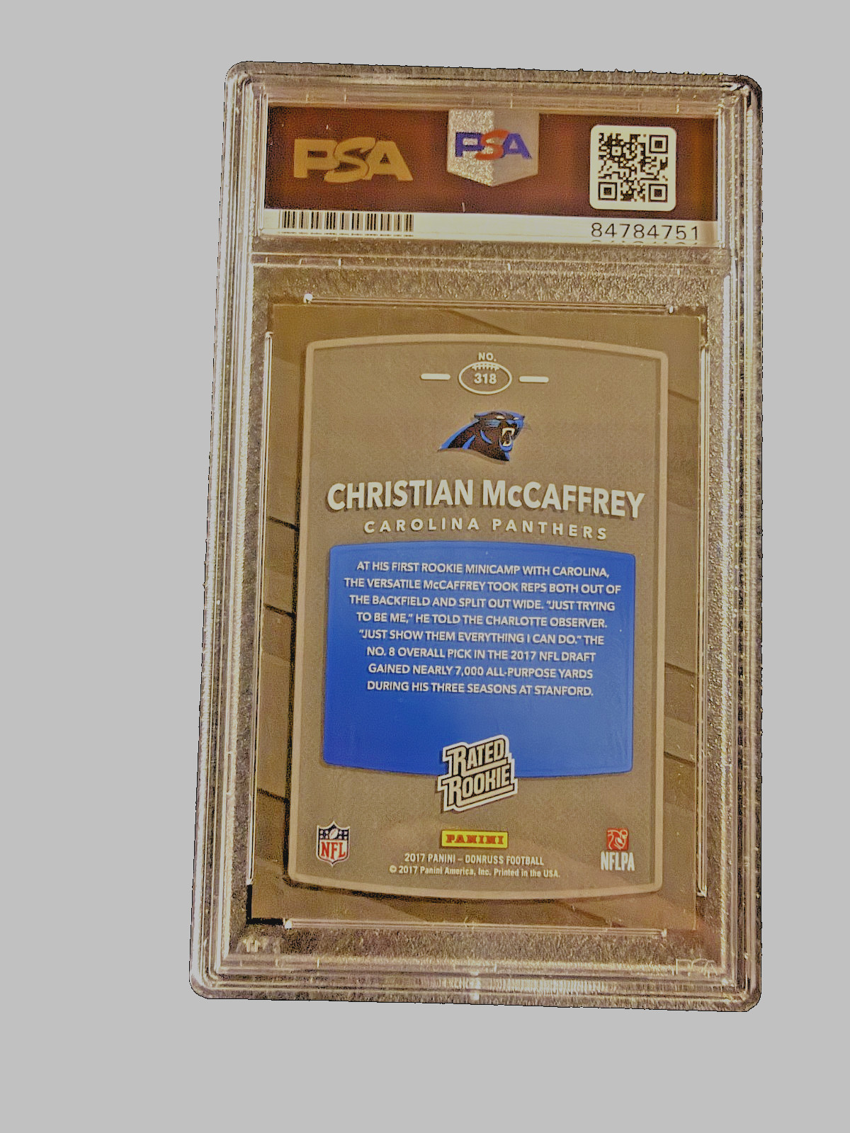 2017 DONRUSS CHRISTAIN McCAFFREY PSA/DNA CERTIFIED AUTO GRADE #318, GEM MT 10. view 2