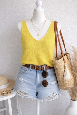 Marine Layer Womens Small Yellow Knit Sweater Tank Top V-Neck Sleeveless Summer