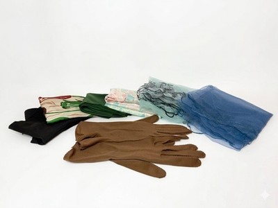 Vintage Scarf Lot & Ladies Gloves 1950s 1960s Sheer Chiffon Silk Handkerchief