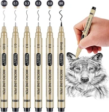 6 Size Black Fineliner Pens Ultra Fine Point Waterproof Archival Ink Drawing Art