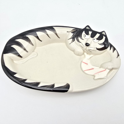 EUROCRAFT JAPAN Schmuck Tablett Schale Katze mit Krawatte Vintage 80er Keramik