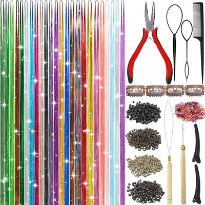 24-Color Hair Tinsel Kit with 7800 Strands and Tools for Festive Hair Extensions