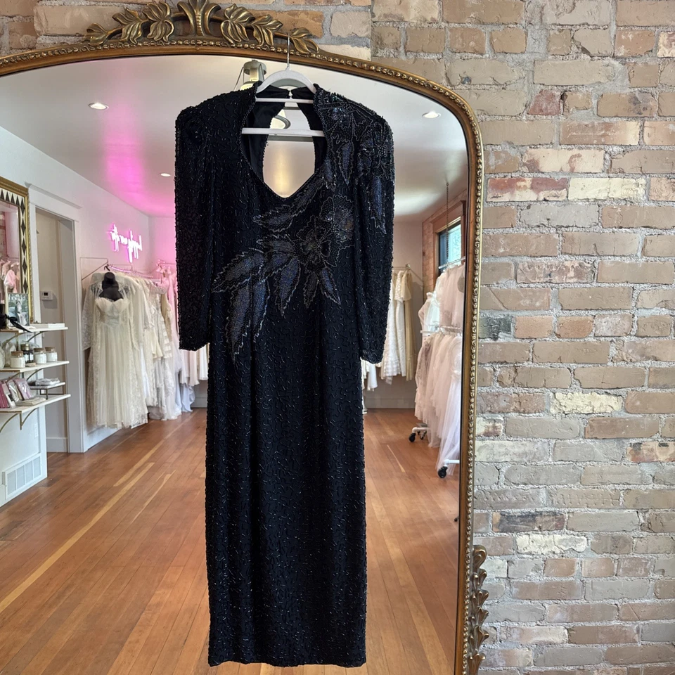 Black Vintage Ankle Length 100% Silk Multi Color Beaded Gown - Image 2 of 4