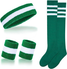 Striped Sweatbands Set Sports Headband and Wristbands White and Green
