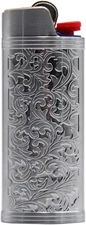 Metal Lighter Case Cover Holder Vintage Floral Stamped for BIC Silver Gray 