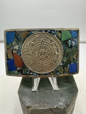 Vintage Mexico Multi Stone Inlay Sun Aztec Calendar Belt Buckle