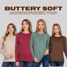 Crew Round or V Neck Brushed Microfiber  Long Sleeve Top Warm Layering T-Shirt