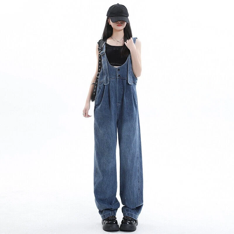 Fashion Womens Girls Denim Wide Leg Straight Pants Jumpsuits Jeans  Long New - Image 3 of 4