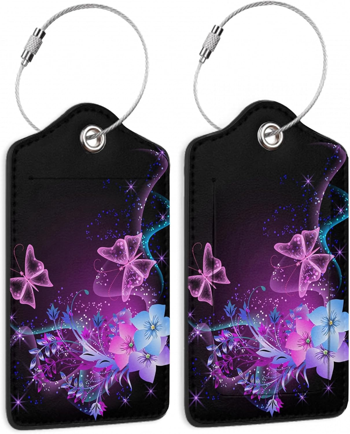 Luggage Tags for Suitcase,2 Pack Butterfly Luggage Tag Flowers Glowing Leathe...