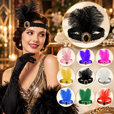 1920s Flapper Feather Headband Vintage Art Deco Rhinestone Hair Accessory Party