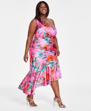 Eliza J Plus Size Printed Asymmetric-Neck One-Shoulder Dress - Hot Pink - 16W