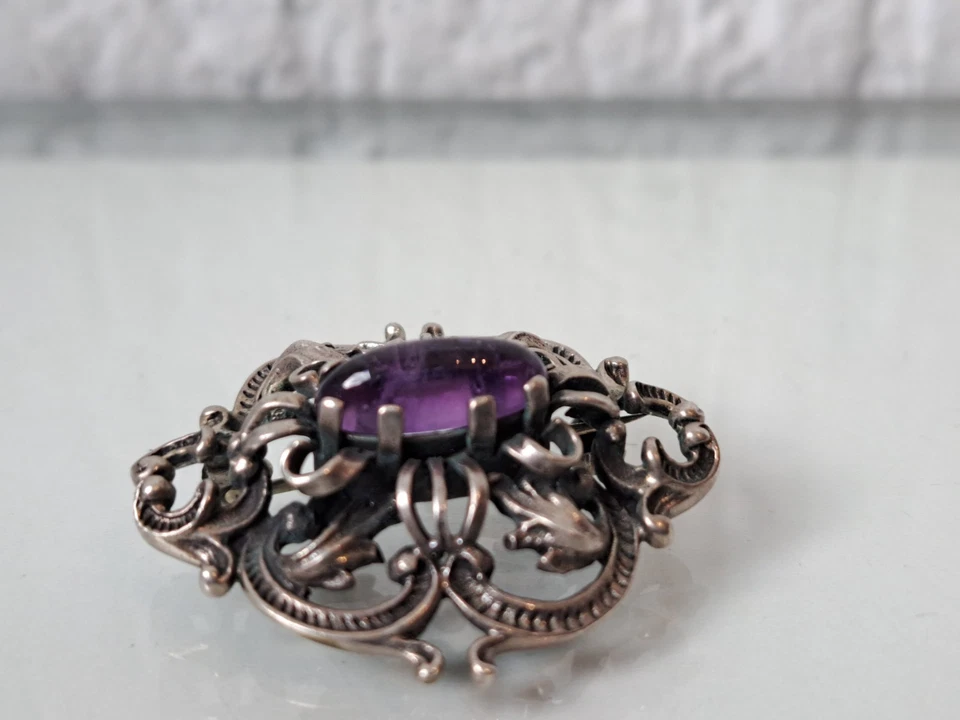 Brosche, 925 Argento Con Ametista, Molto Bella, Vecchia Spilla - Immagine 2 di 4