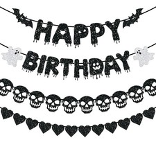 Black Glitter Happy Birthday Banner, Happy Birthday Party Decorations with He...