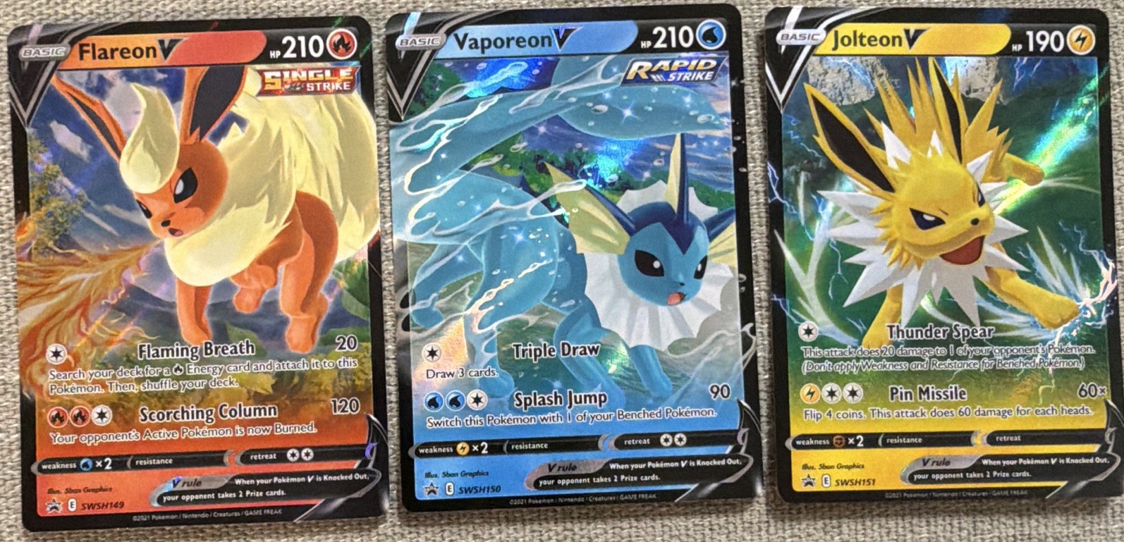 Pokemon TCG Flareon V Vaporeon V Jolteon V 3-Card Lot SWSH149-151 Holo EN