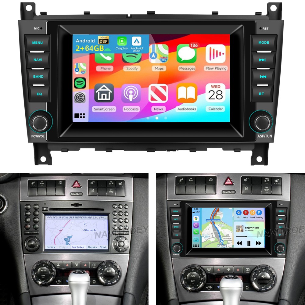 Radio de coche GPS Carplay 2+64 GB para Mercedes Benz Clase C W203 CLK C209 Android 15