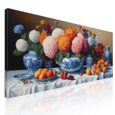 Quadro Botanico Natura Morta Con Fiori E Frutta In Vasi Di Porcellana Blu , bow2