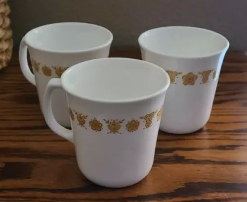 Set Of 3 Vintage Corelle Golden Butterfly Coffee Mugs Corning