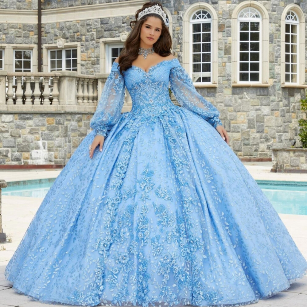 Sky Blue V-Neck Quinceanera Dresses Beads Appliques Ball