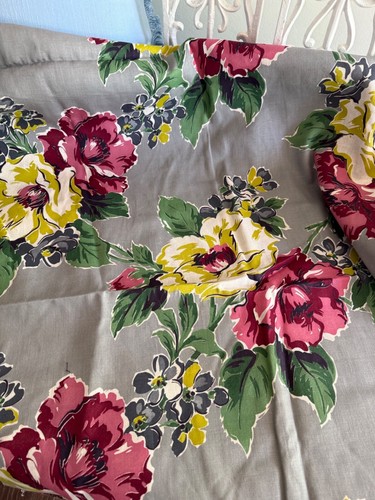Vtg 1940's Berry Rose Yellow Floral Fabric Gray Background 3.6 Yards Linen Cottn - Picture 9 of 14