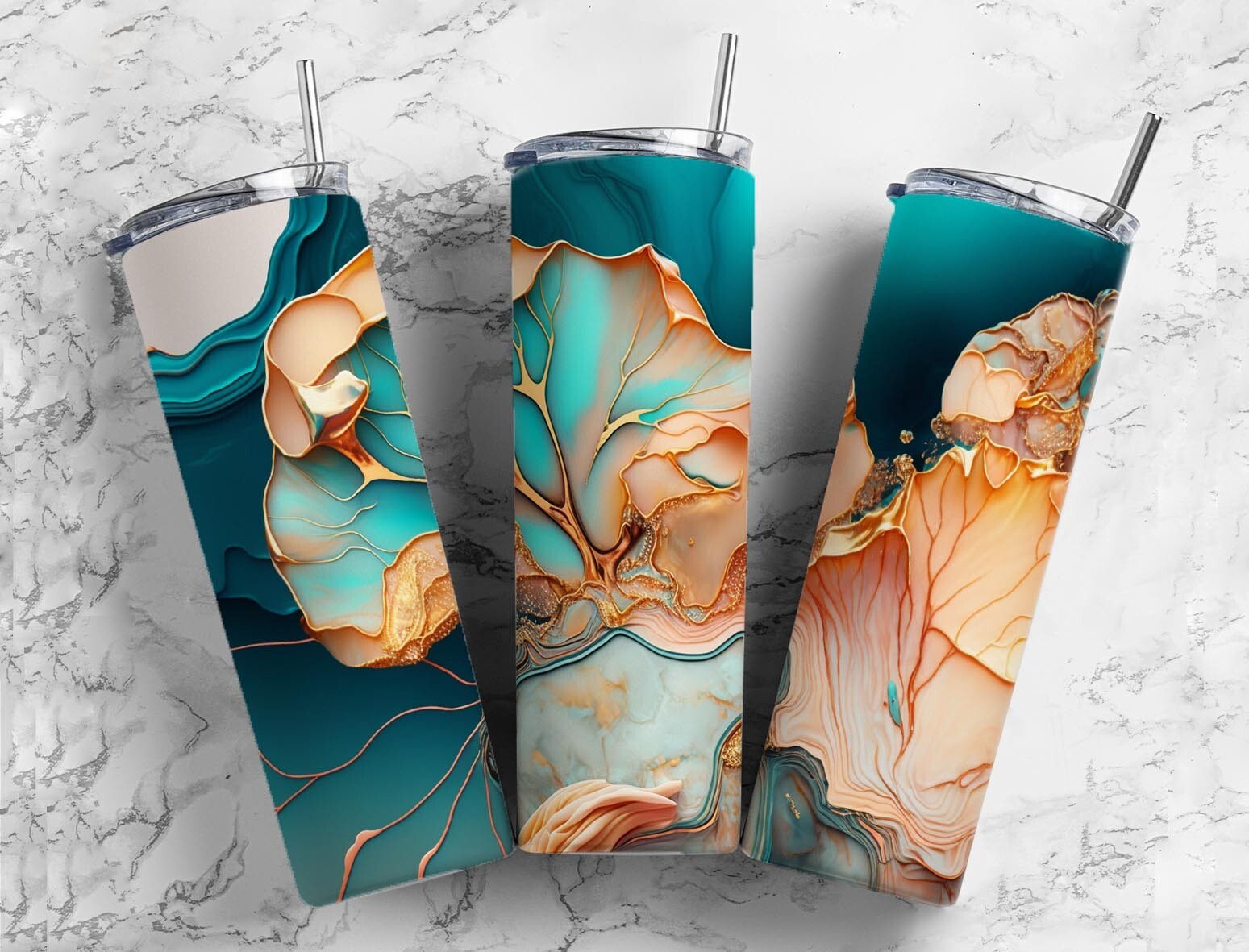 Marble Teal 20oz Skinny Straight Tumbler drinkware-with stra