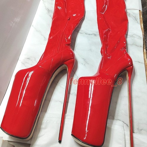Botas de tacón de aguja muy altas de 30 cm con plataforma sobre la rodilla para mujer charol sexy - Imagen 3 de 25