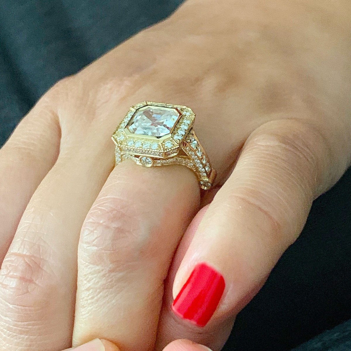 14k Solid Yellow Gold Asscher Cut Moissanite Engagement Ring Halo Bezel Set 