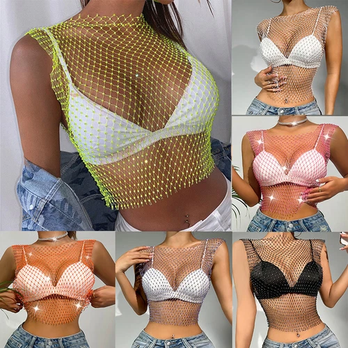 Rhinestones See-through Women Fishnet Tank Top Sexy Vest Mesh Crop Tops Babydoll - Picture 4 of 31