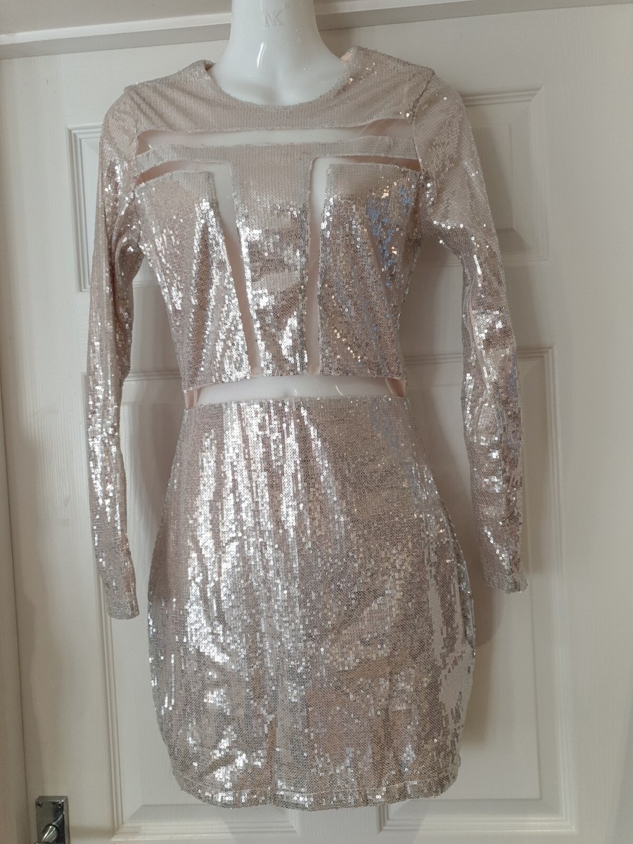 MISSGUIDED Party Dress Nude with Silver Sequins & Long Sleeves UK Size 6 |  eBay