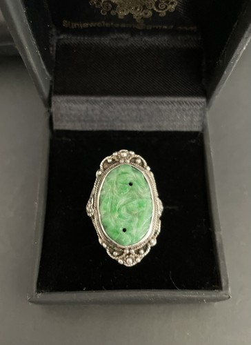 Antique Sterling Silver Carved Green Jade Ring with Floral Design 4.5