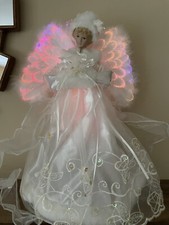 VINTAGE SNOW ANGEL CHRISTMAS TREE TOPPER FIBER OPTIC IRIDESCENT FEATHERS 17&rdquo;