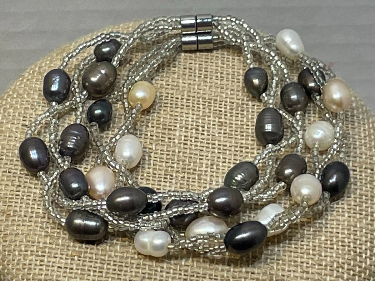 SET OF TWO BLACK & WHITE BAROQUE PEARLS W/ SEED BEEDS MULTI STRAND BRACELET  SET