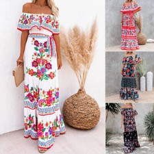 Women Off Shoulder Boho Kaftan Maxi Dress Ladies Summer Holiday Floral Sundress