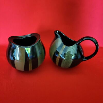Sango Avanti Black Creamer and Sugar Set #4721 Ceramic Drip Glaze Mid  Century Mo