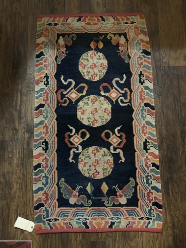 19th C. Rare Tibetan Chinese Traditional Auspicious Bat Wool Rug Carpet Textile - Picture 3 of 5