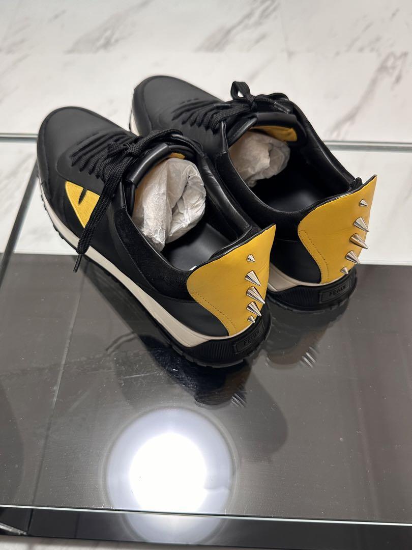 「FENDI」Yellow Black Logo Smooth Leather FENDI Men's Monster Bugs Sneakers Size 8 Black Yellow