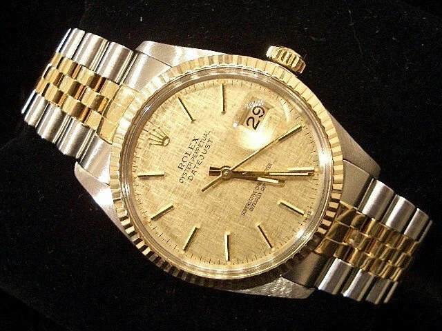 Rolex — Rolex Datejust Mens 2Tone 18K Yellow Gold Stainless Steel Watch Linen Dial 16013
