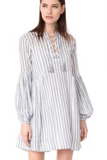 Ulla Johnson Helena Striped Boho Praerie Dress White Blue Poet Sleeve Gauze
