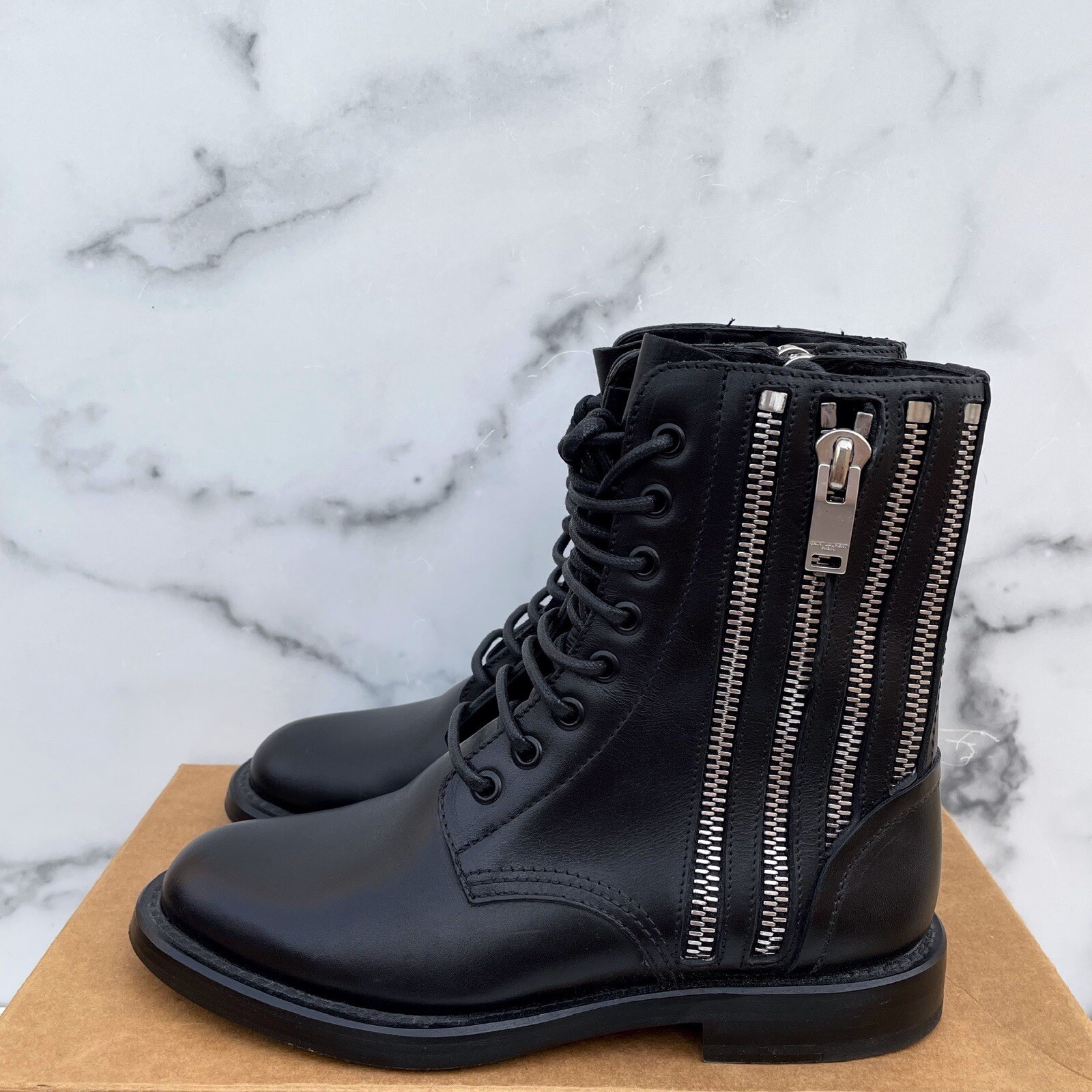 Stivali moto biker Saint Laurent zip laterale Rangers pelle nera IT 36 US 6