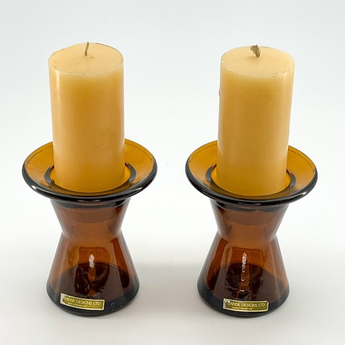 Vtg DANSK DESIGNS Amber-Brown Glass Candlestick Holders MCM + ORIGINAL CANDLES - Picture 5 of 8